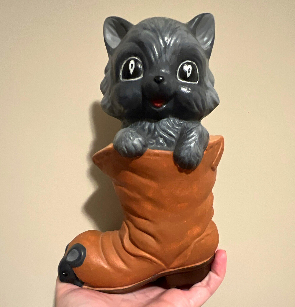 Gray Ceramic Cat Figurine in Brown Boot Decorative Collectible
